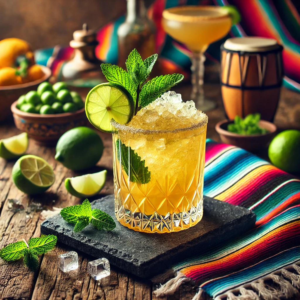 Een elegant gepresenteerde snelle cocktail uit Sri Lanka, geserveerd in stijlvolle cocktailglazen op een rustieke houten tafel. De cocktail heeft een levendige gouden-gele kleur, gevuld met vergruisd ijs en gegarneerd met een schijfje limoen en een takje verse munt. De setting is sfeervol aangekleed met citrusvruchten, kleurrijke decoratieve patronen en warm sfeervol licht. 🍋🍹✨