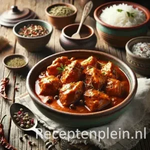 kip in gekruide saus op een rustieke houten tafel