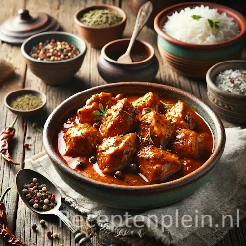 kip in gekruide saus op een rustieke houten tafel