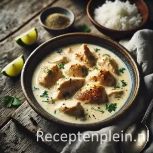 kip in kokossaus op een rustieke houten tafel