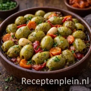 Aceitunas a la Sevillana op een rustieke houten tafel