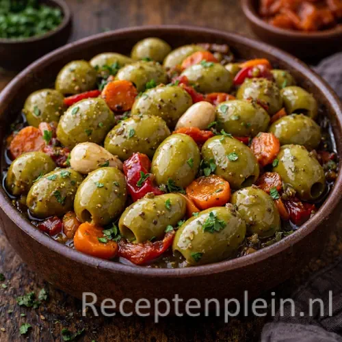 Aceitunas a la Sevillana op een rustieke houten tafel