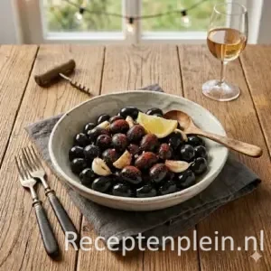 zwarte olijven tapas op een rustieke houten tafel.
