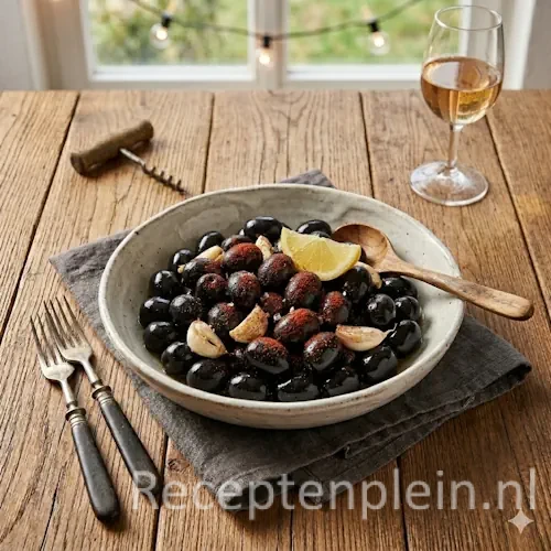 zwarte olijven tapas op een rustieke houten tafel.