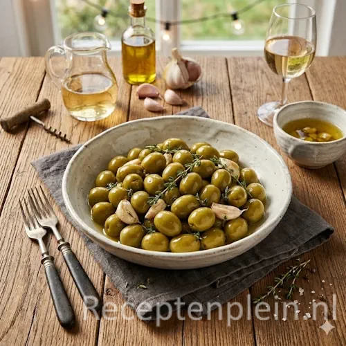 aceitunas aliñadas op een rustieke houten tafel.