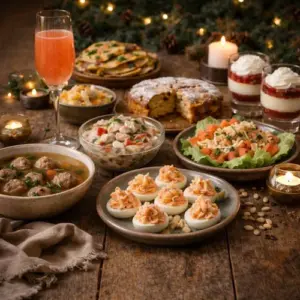 Scandinavisch nieuwjaarsontbijt buffet met soepballetjes, haring, gevulde eieren, flensjes, cake en dessert, geserveerd op een oude houten tafel in warme Oud & Nieuw-sfeer