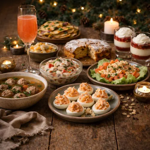 Scandinavisch nieuwjaarsontbijt buffet met soepballetjes, haring, gevulde eieren, flensjes, cake en dessert, geserveerd op een oude houten tafel in warme Oud & Nieuw-sfeer