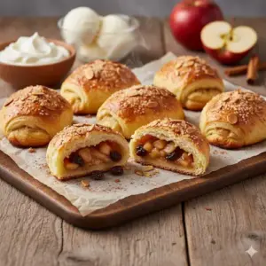 Zes warme, goudbruine amandel appelbroodjes gevuld met amandelspijs en rozijnen op een rustieke houten tafel, bestrooid met amandelschaafsel en suiker.