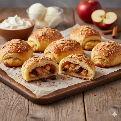 Zes warme, goudbruine amandel appelbroodjes gevuld met amandelspijs en rozijnen op een rustieke houten tafel, bestrooid met amandelschaafsel en suiker.