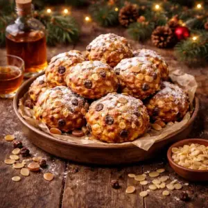 Amandelbollen met rozijnen en amandelspijs, gegarneerd met poedersuiker en amandelschaafsel, geserveerd op een rustieke houten tafel met een glas amandellikeur en feestelijke decoratie.