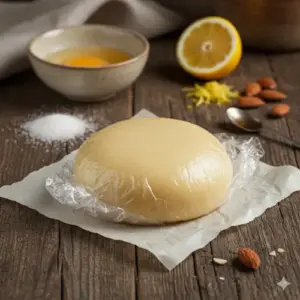 Een vers bereide, lichtgele bal Amandelspijs, traditioneel gemaakt met drie ingrediënten, op een rustieke houten ondergrond, klaar om te rijpen.