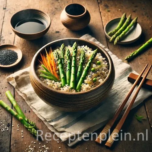Hyper-realistische foodfoto van Asuparagasugohan, Japanse rijst met asperges, geserveerd in een rustieke keramische kom op een houten tafel. De glanzende sushirijst is gemengd met felgroene aspergestukken, dunne wortelreepjes en sesamzaad, afgewerkt met zwarte sesam en fijne reepjes nori. Subtiele stoom stijgt op uit de kom. Op tafel liggen houten eetstokjes, een schaaltje sojasaus en een linnen doek, warm en natuurlijk belicht in een huiselijke Japanse sfeer.