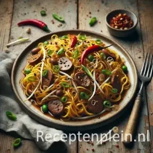 Natuurgetrouwe foodfoto van bami met kippelevertjes geserveerd op een licht verweerd keramisch bord op een rustieke houten tafel. Gele roergebakken noedels zijn gemengd met licht gekaramelliseerde kippenlevertjes, uiringen, taugé, rode chiliringetjes en lente-ui. De noedels zijn deels donkerder door sojasaus en liggen losjes op het bord. Naast het gerecht staan een schaaltje sambal, een vork en een linnen doek, met enkele losse noedels en taugé op tafel voor een authentieke, huiselijke uitstraling.