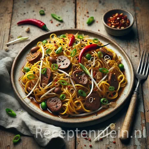 Natuurgetrouwe foodfoto van bami met kippelevertjes geserveerd op een licht verweerd keramisch bord op een rustieke houten tafel. Gele roergebakken noedels zijn gemengd met licht gekaramelliseerde kippenlevertjes, uiringen, taugé, rode chiliringetjes en lente-ui. De noedels zijn deels donkerder door sojasaus en liggen losjes op het bord. Naast het gerecht staan een schaaltje sambal, een vork en een linnen doek, met enkele losse noedels en taugé op tafel voor een authentieke, huiselijke uitstraling.