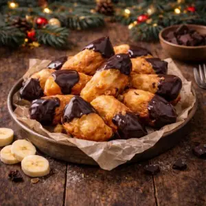 Banaan chocoladebeignets op een rustieke houten tafel, goudbruin gebakken en deels gedoopt in glanzende pure chocolade, geserveerd op een metalen schaal met bakpapier, omringd door plakjes banaan en chocoladeblokjes, met kerstdecoratie op de achtergrond.