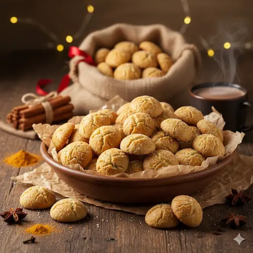 Een rustieke kom vol goudbruine, boterzachte Pepernoten, met zakken vol pepernoten en specerijen op de achtergrond. Perfect Sinterklaas strooigoed.