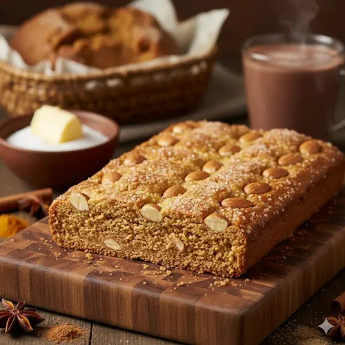 Een dikke, boterzachte plak Roomboterspeculaas, traditioneel gebakken en aangesneden, met een brosse textuur en warme kruidenaroma's, op een rustieke ondergrond.