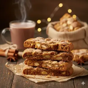 Stapel dikke, brosse Speculaasbrokken, bestrooid met amandelen en suiker, op een houten ondergrond, met Sinterklaasdecoratie op de achtergrond.