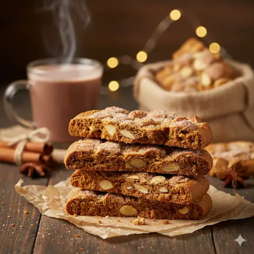 Stapel dikke, brosse Speculaasbrokken, bestrooid met amandelen en suiker, op een houten ondergrond, met Sinterklaasdecoratie op de achtergrond.