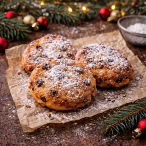 Drie goudbruine Drie-in-de-pan koekjes met rozijnen en anijs, bestrooid met poedersuiker, geserveerd op bakpapier met een kerstachtig decor van dennentakken en rode kerstballen.