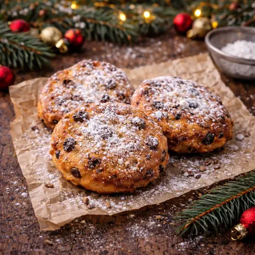 Drie goudbruine Drie-in-de-pan koekjes met rozijnen en anijs, bestrooid met poedersuiker, geserveerd op bakpapier met een kerstachtig decor van dennentakken en rode kerstballen.
