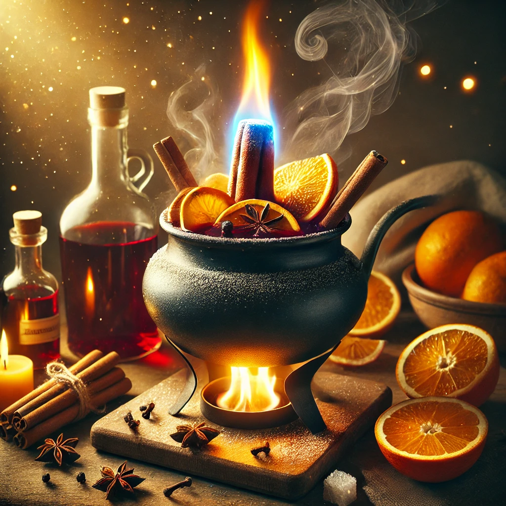 Feuerzangenbowl, een traditionele Duitse winterdrank, met een grote pan glühwein, geparfumeerd met sinaasappelschil, kruidnagels en kaneel, waarbij een brandende suikerkegel op een Feuerzange boven de pan ligt, met blauwe vlammen en een warme, feestelijke sfeer.