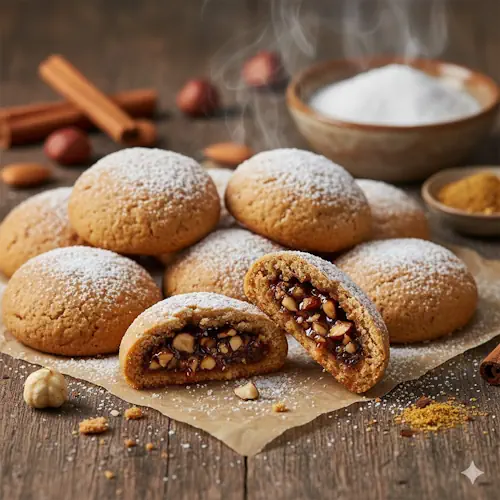 Zelfgebakken gevulde pepernoten op een houten tafel, de kleine koekjes zijn gevuld met noten en honing en afgerold in tafelsuiker.