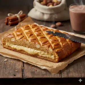 Een versgebakken, goudbruine plak Gevulde Speculaas, gegarneerd met amandelen, aangesneden op een rustieke houten tafel, waarbij de dikke amandelspijsvulling zichtbaar is.