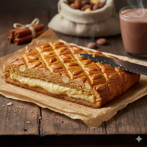 Een versgebakken, goudbruine plak Gevulde Speculaas, gegarneerd met amandelen, aangesneden op een rustieke houten tafel, waarbij de dikke amandelspijsvulling zichtbaar is.