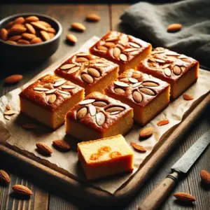 Ambachtelijke gevulde speculaas, in vierkante stukken gesneden, met amandelen bovenop en een hint van sinaasappelrasp, rustiek gepresenteerd op een houten plank met bakpapier in een minimalistische setting.