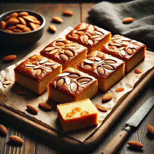 Ambachtelijke gevulde speculaas, in vierkante stukken gesneden, met amandelen bovenop en een hint van sinaasappelrasp, rustiek gepresenteerd op een houten plank met bakpapier in een minimalistische setting.