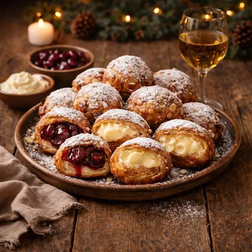 Gevulde oliebollen op een schaal op een oude rustieke houten tafel van planken, bestrooid met poedersuiker en geserveerd in warme Oud & Nieuw-sfeer