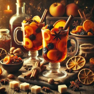 Grambambuli, een traditionele Hongaarse oudejaarsdrank, geserveerd in grote glazen mokken met een diepe amberkleurige drank, gevuld met stukjes gedroogd fruit zoals abrikozen, rozijnen en citrusschillen, en gehakte walnoten, op een rustieke houten tafel met suikerklontjes, rum en kruiden zoals kaneel en steranijs.