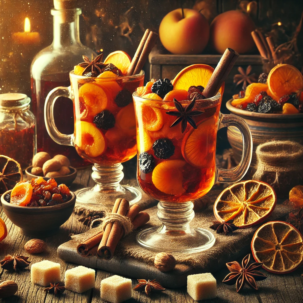 Grambambuli, een traditionele Hongaarse oudejaarsdrank, geserveerd in grote glazen mokken met een diepe amberkleurige drank, gevuld met stukjes gedroogd fruit zoals abrikozen, rozijnen en citrusschillen, en gehakte walnoten, op een rustieke houten tafel met suikerklontjes, rum en kruiden zoals kaneel en steranijs.