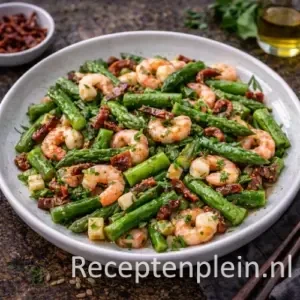 Groene aspergesalade met garnalen op rustieke houten tafel
