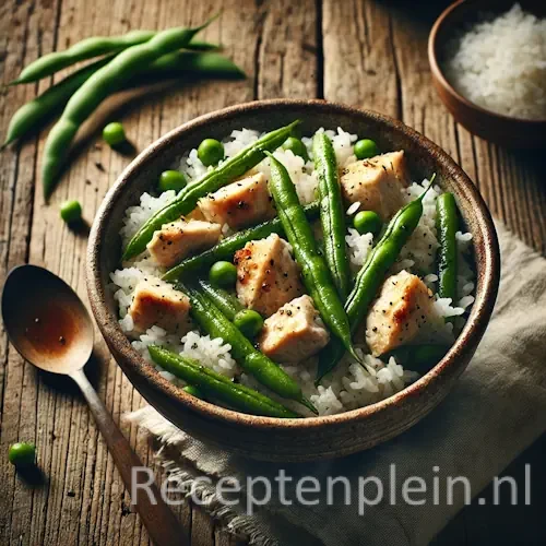 Rijst met kip en boontjes op rustieke houten tafel
