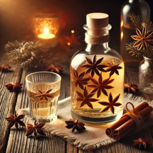 Zelfgemaakte anijsjenever in een glazen fles met zichtbare steranijs, geserveerd met een klein glaasje, omringd door verspreide anijssterren op een houten tafel in een warme, feestelijke setting.