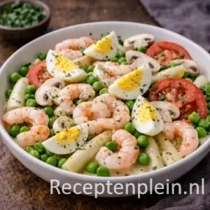 Joppes garnalensalade met witte aspergepunten op een rustieke houten tafel.