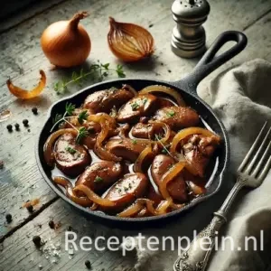 Kippenlevertjes in sherryazijn op rustieke houten tafel