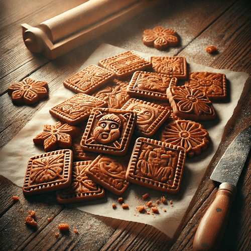 Fotorealistische afbeelding van klassieke platte speculaasjes met traditionele figuren, goudbruin gebakken en gepresenteerd op bakpapier, naast een houten speculaasplank met bloem.