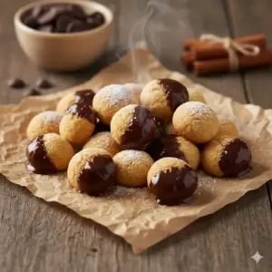 Een berg versgebakken, goudbruine kruidnootjes op een rustieke houten tafel, met enkele kruidnootjes half bedekt met gesmolten pure chocolade.