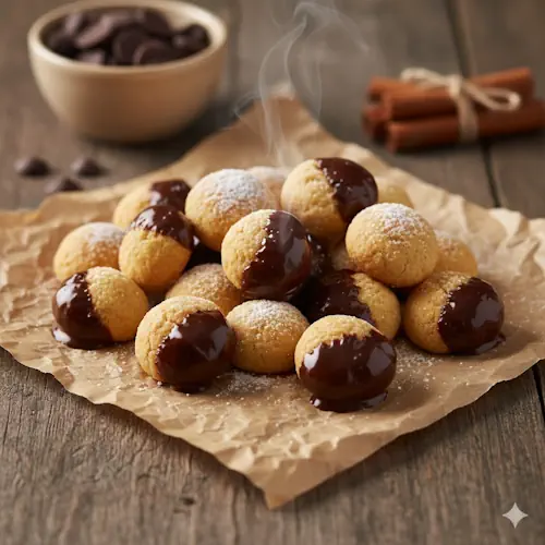 Een berg versgebakken, goudbruine kruidnootjes op een rustieke houten tafel, met enkele kruidnootjes half bedekt met gesmolten pure chocolade.