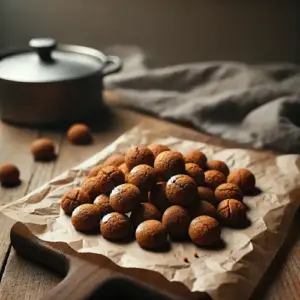 Versgebakken kruidnootjes op bakpapier, rustiek gepresenteerd op een houten snijplank met warme, natuurlijke belichting in een minimalistische keukenstijl.