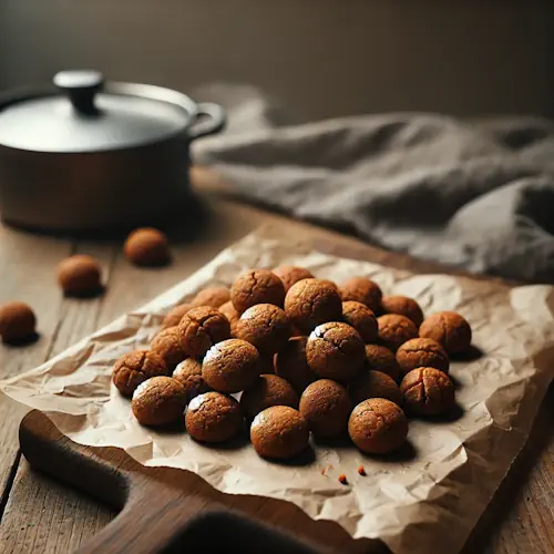 Versgebakken kruidnootjes op bakpapier, rustiek gepresenteerd op een houten snijplank met warme, natuurlijke belichting in een minimalistische keukenstijl.