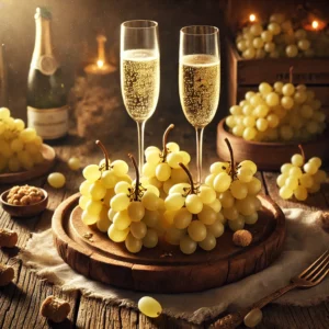 La Uvas de la Suerte, kleine trosjes van 12 witte druiven, netjes gerangschikt op een houten schaal, vergezeld van champagneglazen, op een rustieke tafel met verspreide druiven en een feestelijke sfeer.