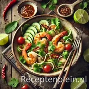 Lauwwarme Thaise salade met garnalen en kip op een rustieke houten tafel