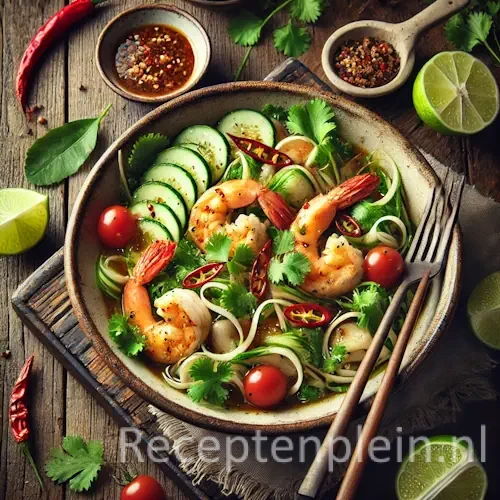 Lauwwarme Thaise salade met garnalen en kip op een rustieke houten tafel