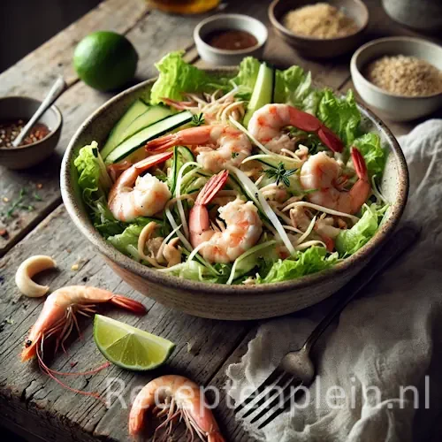 Lauwwarme kip garnalensalade met gember op rustieke houten tafel