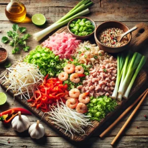 Een rustieke oude houten tafel met een kleurrijke mix van ingrediënten voor loempiavulling: gehakt varkensvlees, gehakte garnalen, taugé, paprikareepjes, preiringetjes, ui en selderij, netjes gerangschikt op een houten plank en in een kom. Alles oogt vers en klaar om in loempiavellen gerold te worden.