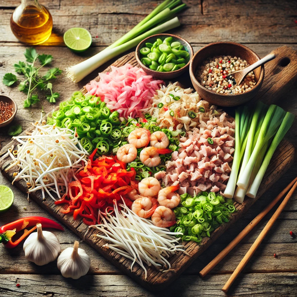 Een rustieke oude houten tafel met een kleurrijke mix van ingrediënten voor loempiavulling: gehakt varkensvlees, gehakte garnalen, taugé, paprikareepjes, preiringetjes, ui en selderij, netjes gerangschikt op een houten plank en in een kom. Alles oogt vers en klaar om in loempiavellen gerold te worden.